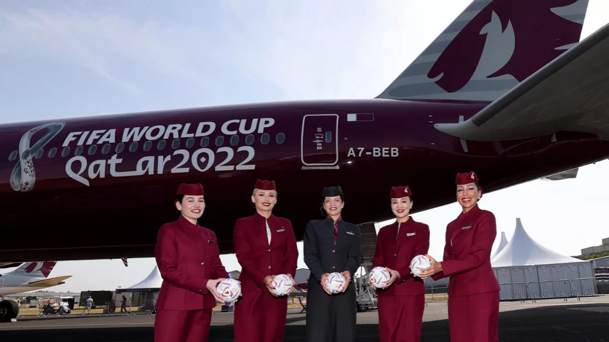 Qatar Airways showcases Boeing 777 decorated with World Cup logo at Farnborough International Airshow