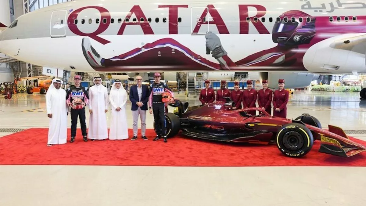 Qatar Airways hosted a photo opportunity at the Hamad International Airport hangar involving the F1 branded aircraft and F1 show car