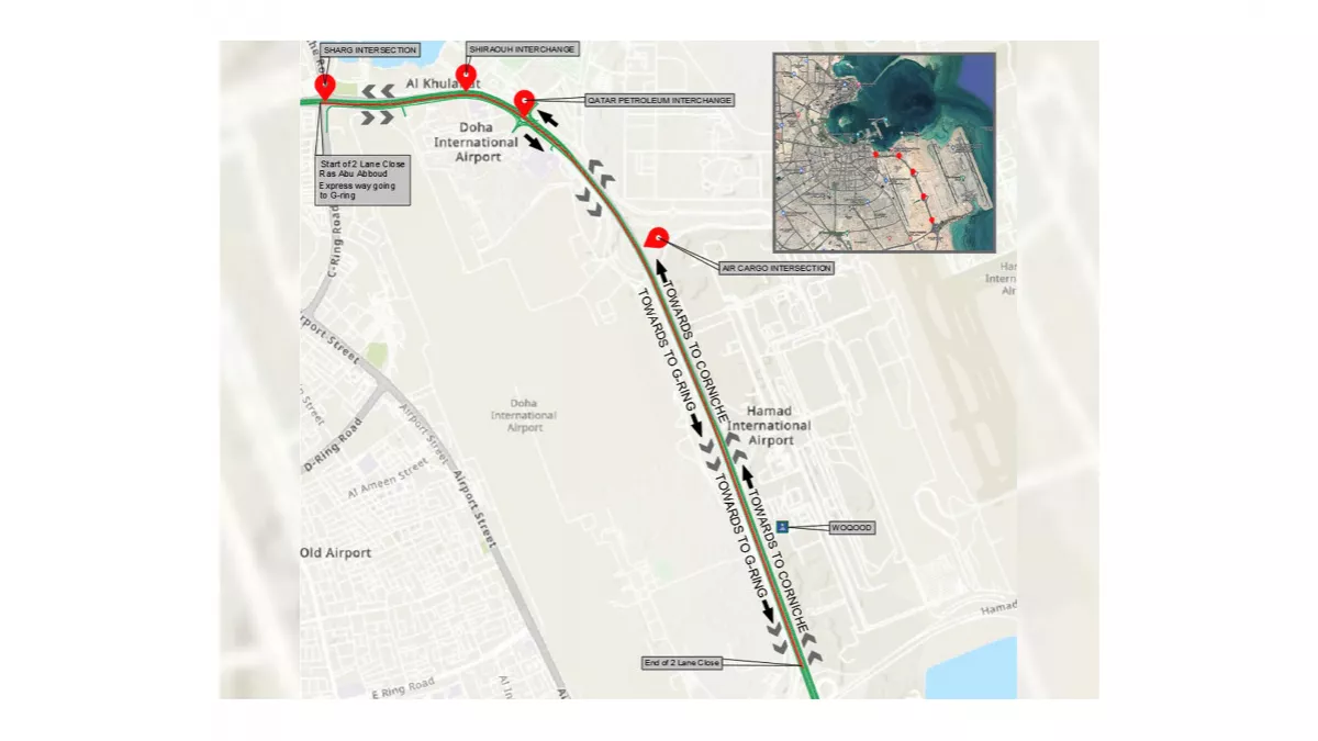 Ashghal announced a temporary closure of the two left lanes from Corniche towards G-Ring Road